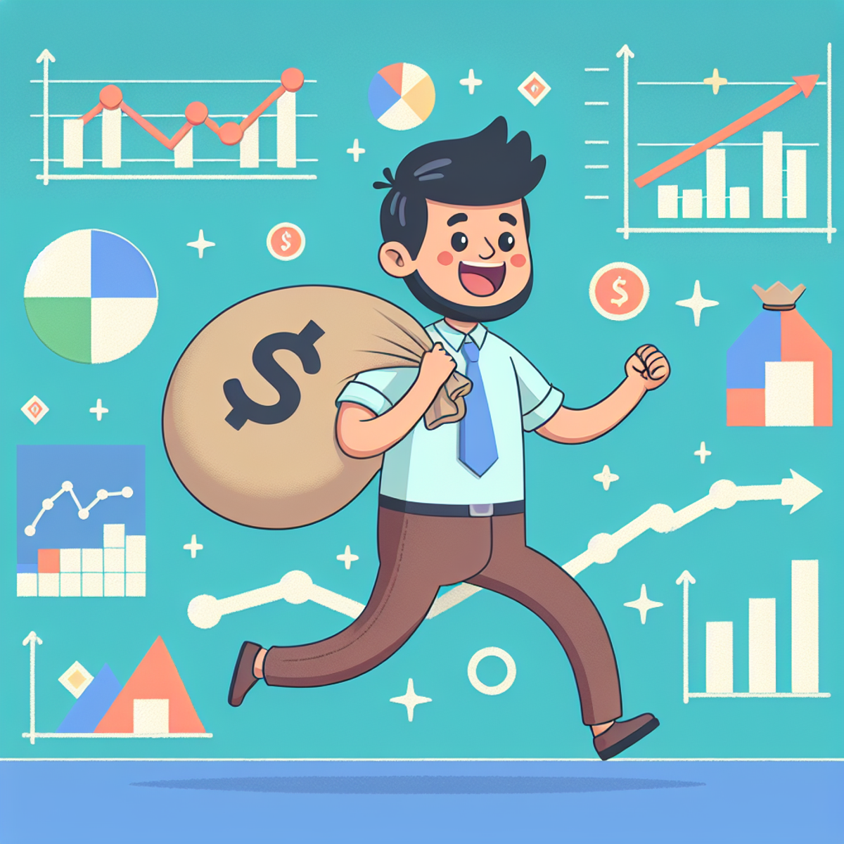 A happy cartoon-style customer of South Asian origin carries a bag marked with a wealth symbol, surrounded by increasing bar charts, pie charts, and line charts representing sales growth.