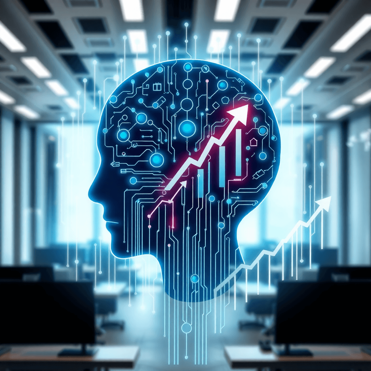 Una ilustración digital abstracta de inteligencia artificial en una oficina moderna, caracterizada por esquemas de circuitos, flujos de datos y símbolos de crecimiento como flechas hacia arriba y gráficos.