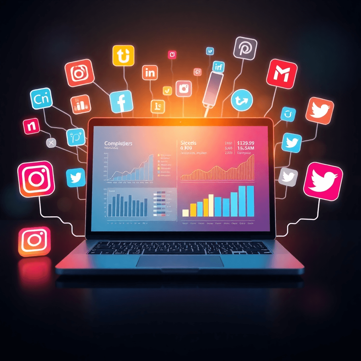 Laptop abierto con gráficos y estadísticas, rodeado de íconos de redes sociales como Instagram, Facebook y Twitter, en un ambiente moderno y vibrante.