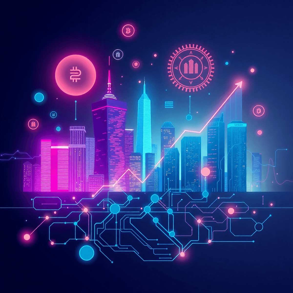 Une illustration vivante et moderne d'un profil urbain futuriste avec des graphiques de croissance numérique et des symboles abstraits d'intelligence artificielle, transmettant un optimisme concernant les investissements dans l'IA.
