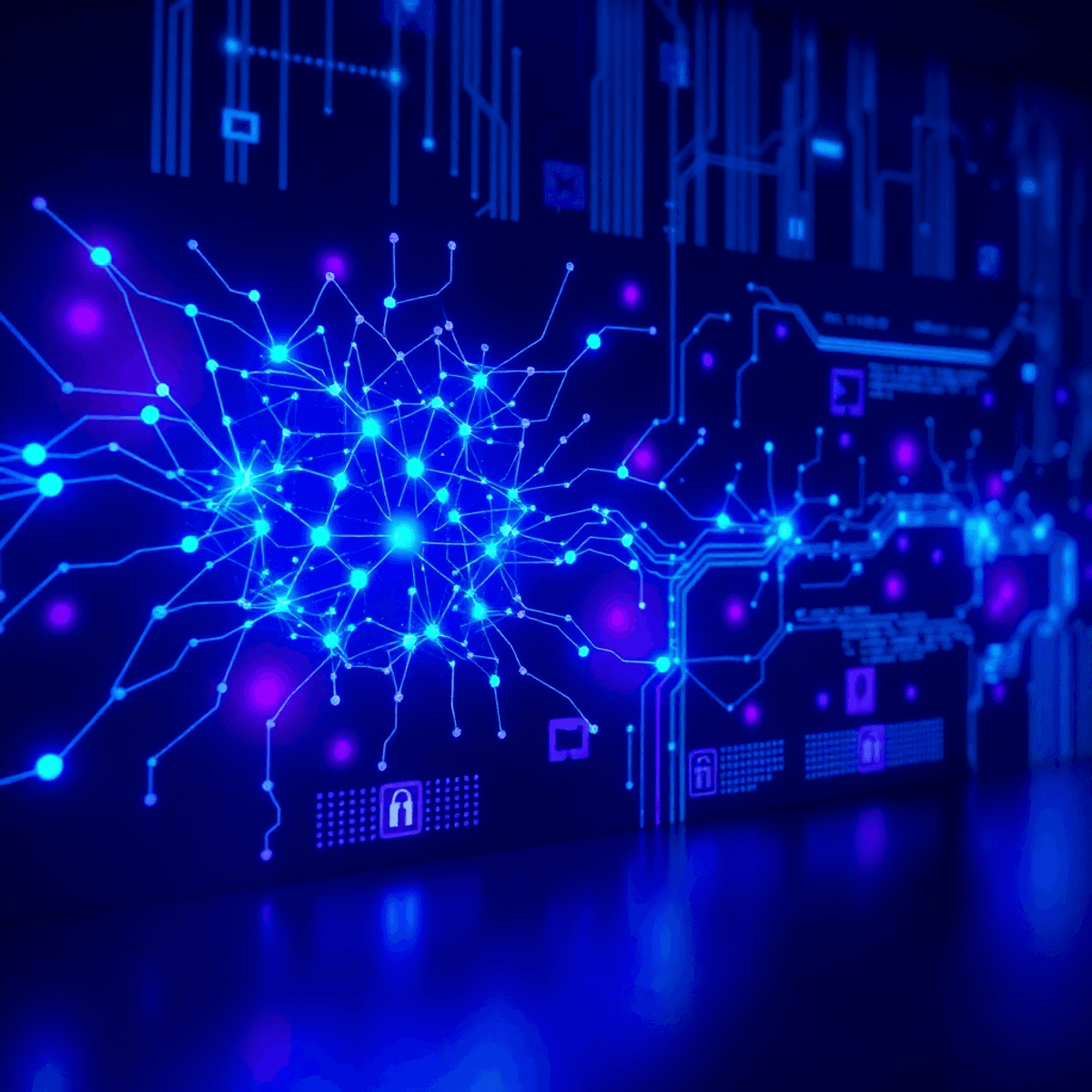 Interfaccia digitale con motivi di rete neurale AI blu e viola luminosi, che simboleggiano la tecnologia generativa dell'AI e la sicurezza dei dati con un'overlay di ombra.