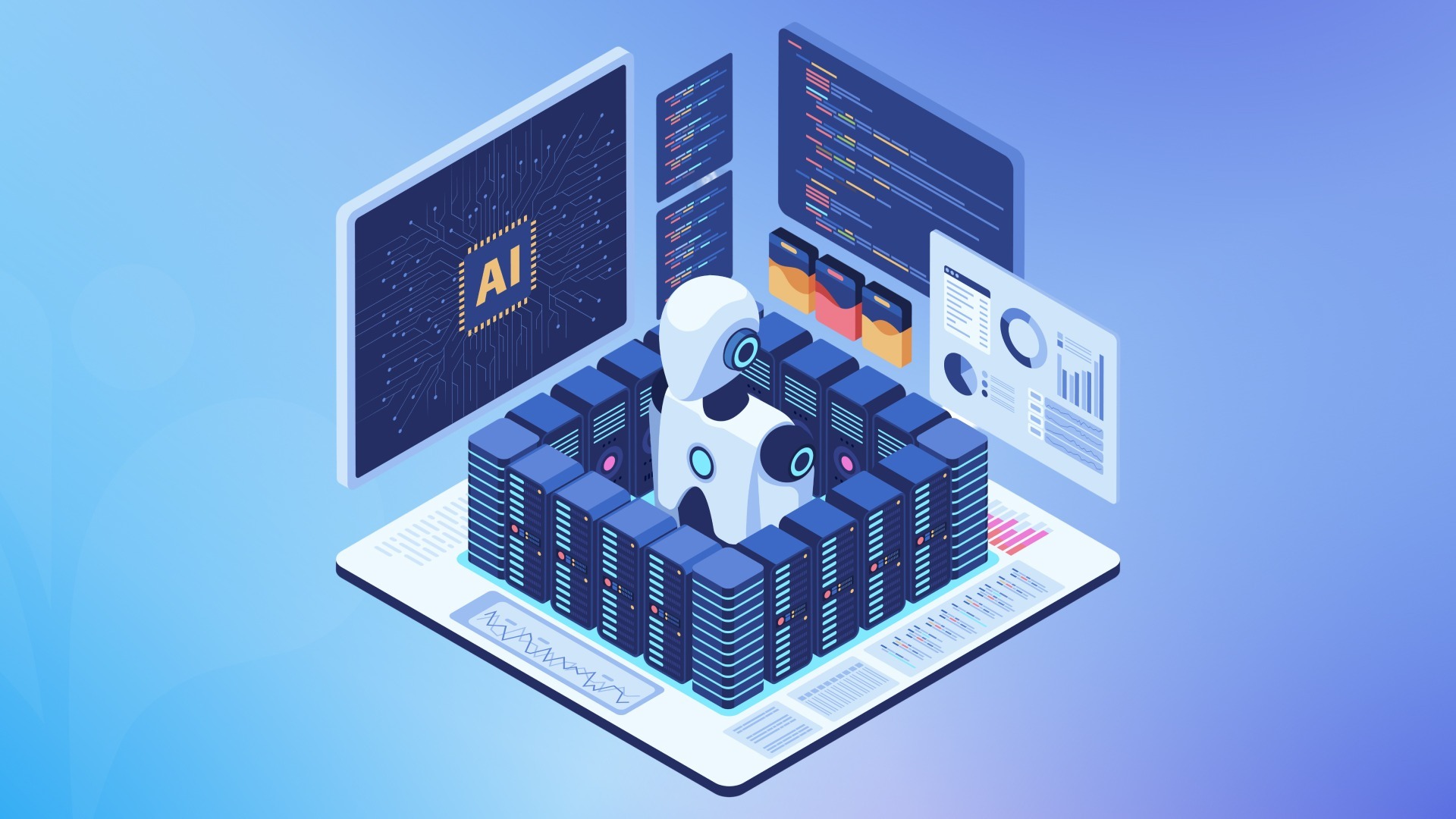 ELAI AI and machine learning inspired illustration featuring a white robotic figure surrounded by blue server racks, data charts, and code panels, emphasizing predictive analytics