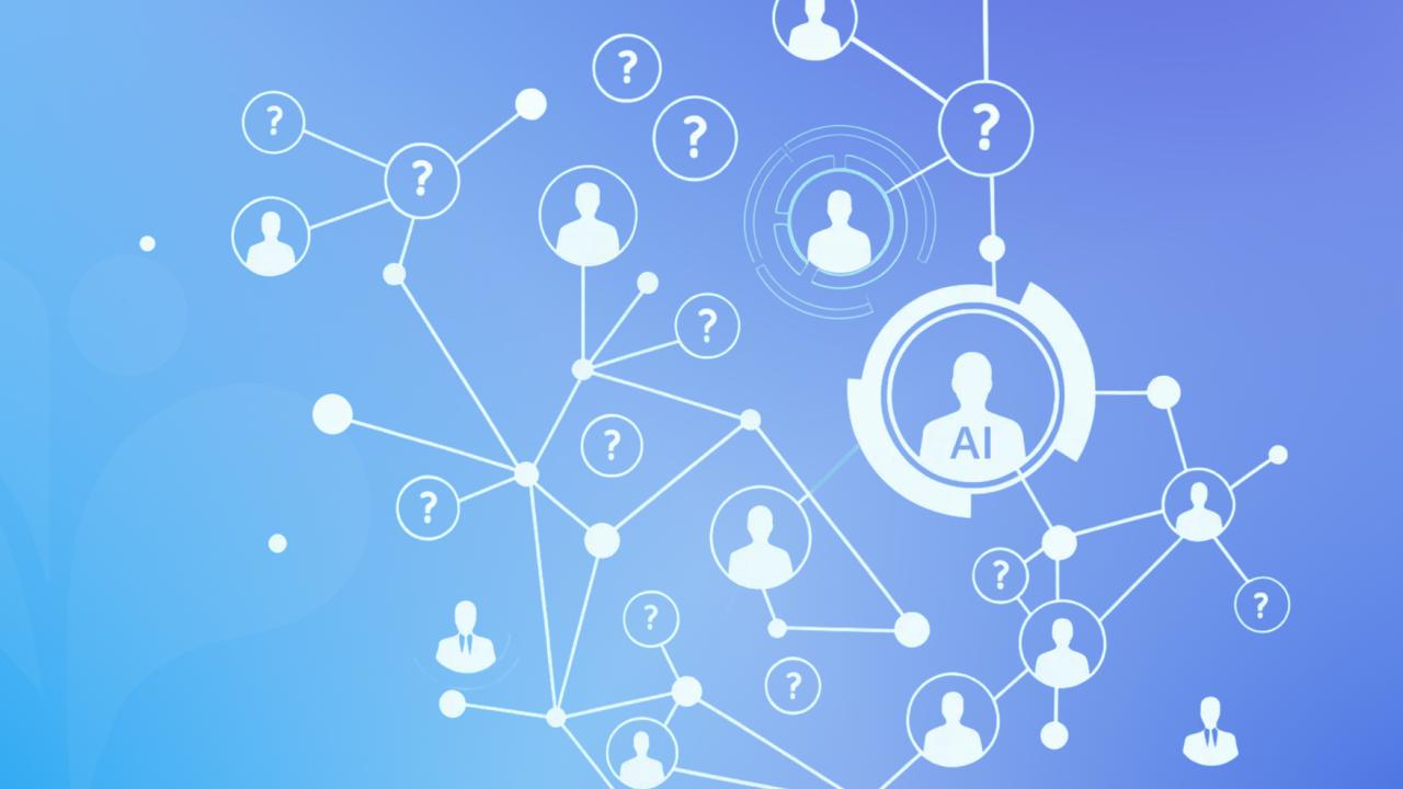ELAI Elai Agent branding blue network illustration showing interconnected circular avatars and question marks to represent AI clustering concepts