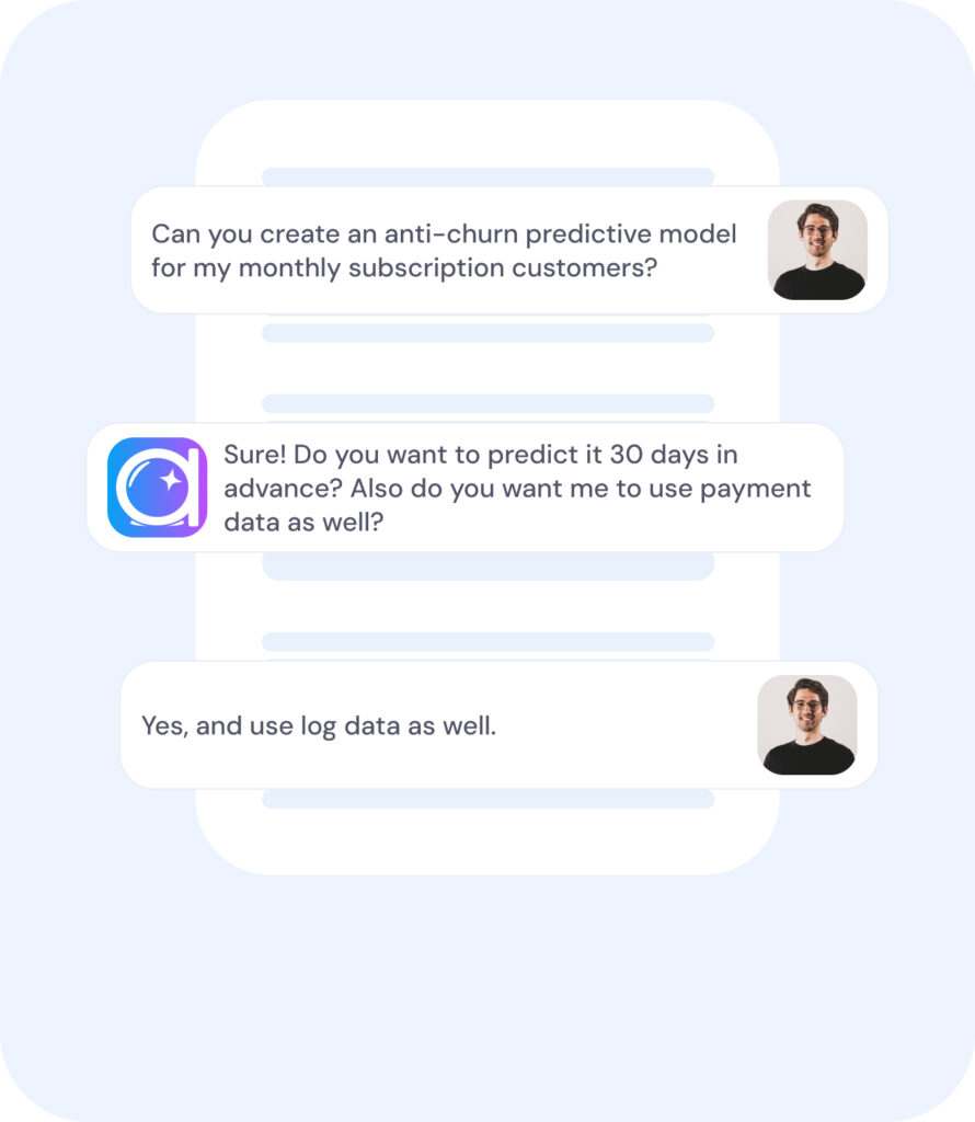 Chat interface displaying a conversation about creating an anti-churn predictive model for subscription customers.