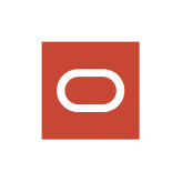 Oracle logo in a simple red square design with a white oval shape inside.