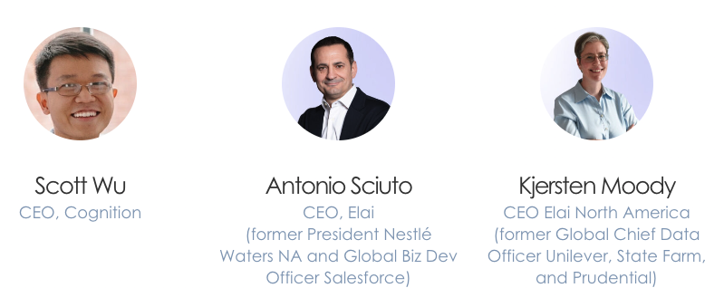 ELAI Headshots of Scott Wu, Antonio Sciuto, and Kjersten Moody in circular cropped portraits with soft pastel backgrounds