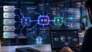 ELAI A glowing agentic AI workflow links Gmail, Slack, Google Sheets, Notion and Salesforce to trigger actions, update CRM, and store data. ELAI A glowing agentic AI workflow links Gmail, Slack, Google Sheets, Notion and Salesforce to trigger actions, update CRM, and store data.