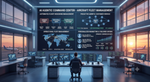 ELAI A modern airport control room shows a central operator facing monitors with global routes, code, and fleet data at sunset.