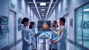 ELAI Doctors in white coats discuss a glowing heart scan on a digital display inside a futuristic hospital corridor.