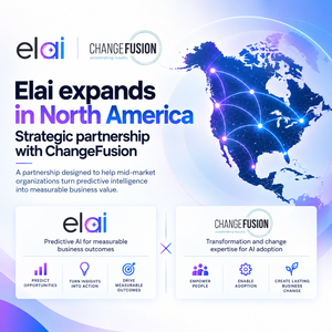 ELAI A North America map graphic presents Elai and ChangeFusion's strategic partnership for predictive AI and business value. ELAI A North America map graphic presents Elai and ChangeFusion's strategic partnership for predictive AI and business value.