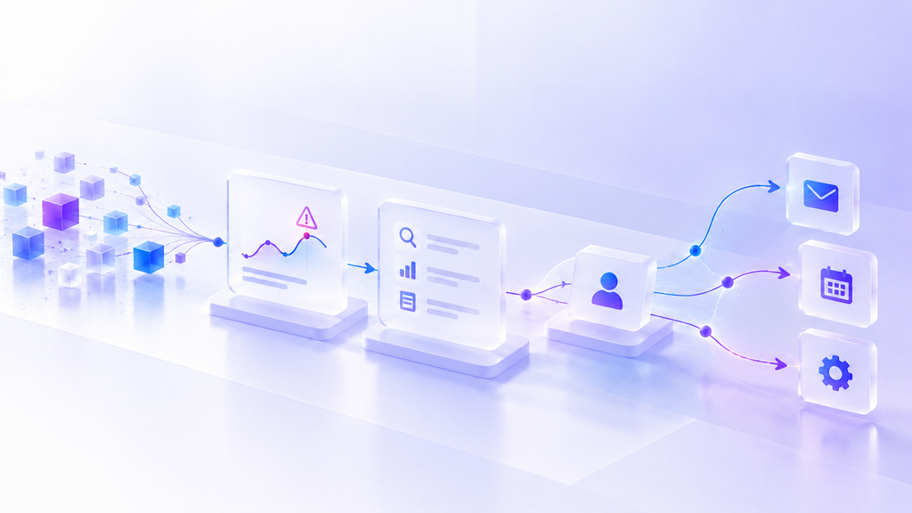 A predictive AI workflow turns connected data signals into a forecast, review, and decision path, then routes permitted next steps to email, calendar, or system actions, illustrating how an AI agent can move from prediction toward business execution. A predictive AI workflow turns connected data signals into a forecast, review, and decision path, then routes permitted next steps to email, calendar, or system actions, illustrating how an AI agent can move from prediction toward business execution.