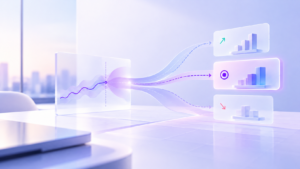 A forecast uncertainty range branches into rising, stable, and falling outcomes, each paired with a bar chart, illustrating how predictive analytics can test whether uncertainty changes a downstream operational decision.